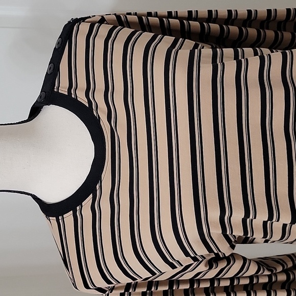 ATM Size M Tan w/ Black Stripes Boy Tee, Long Sleeve, Button Shoulder Detail EUC - Picture 2 of 14
